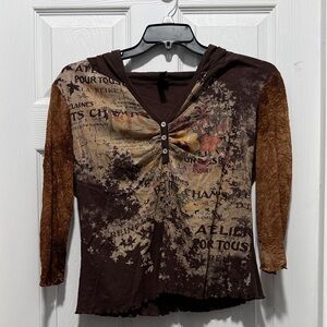 Hooded Graphic Long Sleeve Top with Button Details